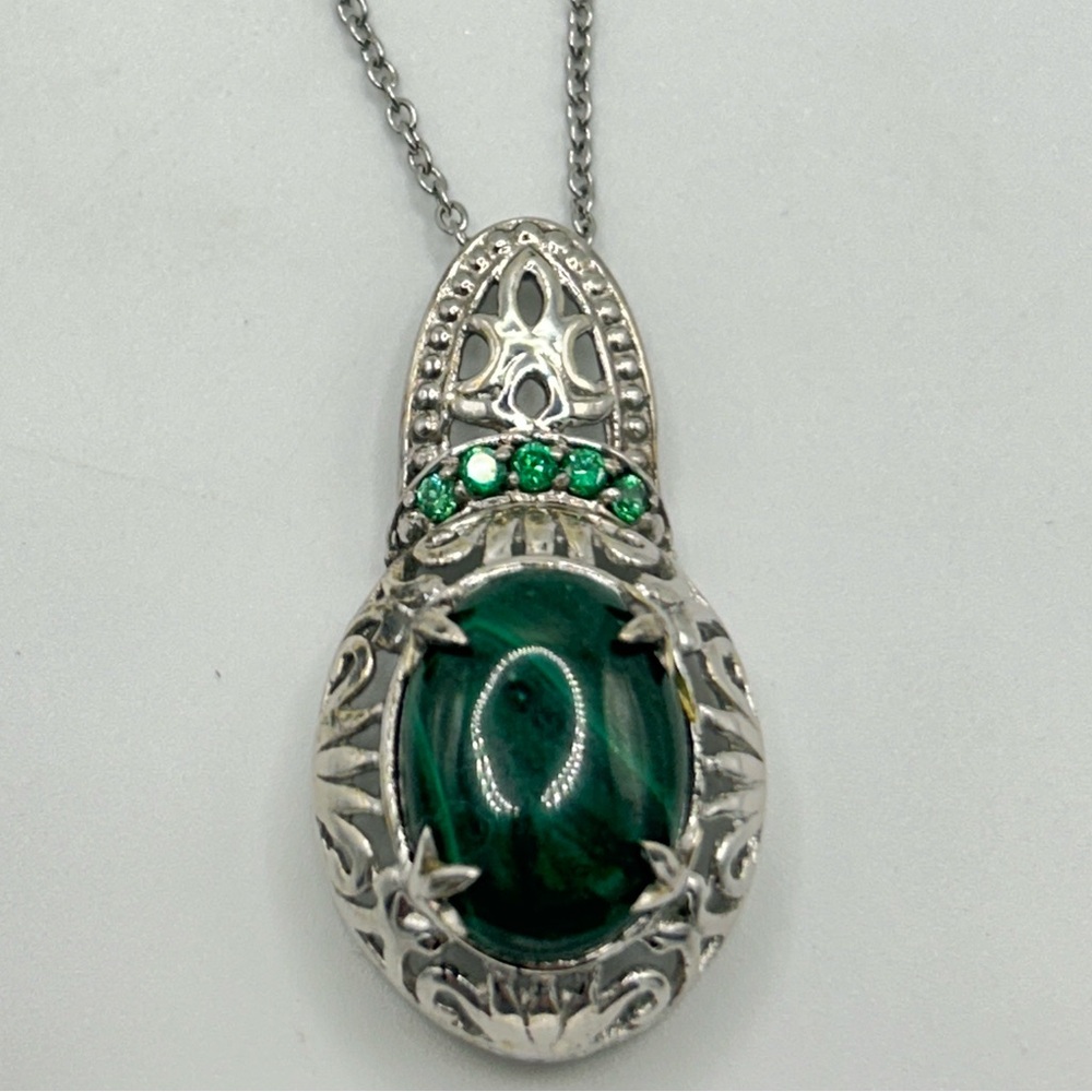 Malachite and Simulated Emerald Pendant; Stainless Steel